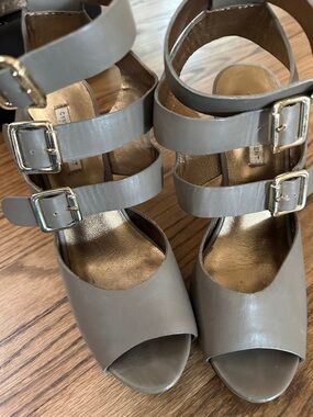 Cynthia Vincent Gray Triple-Buckle Open-Toe Heels